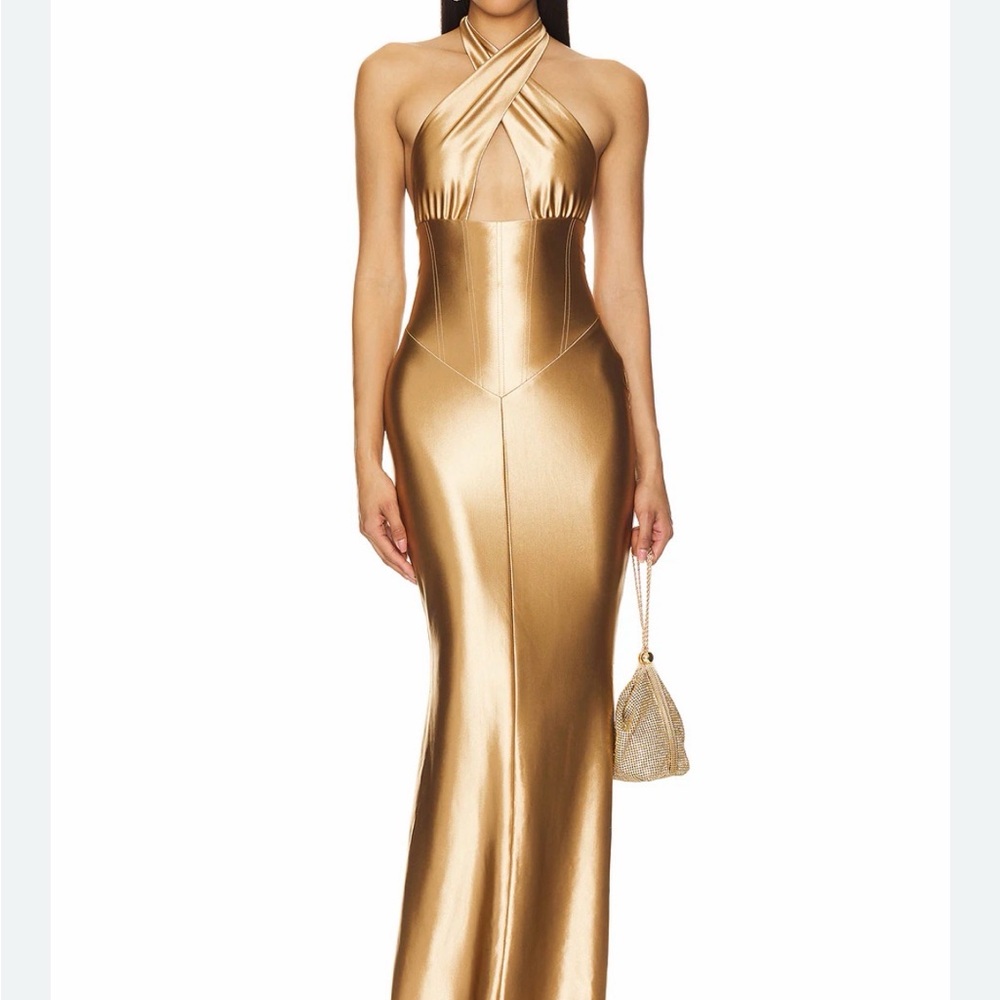 Retrofete Gold Maxi Halter Dress